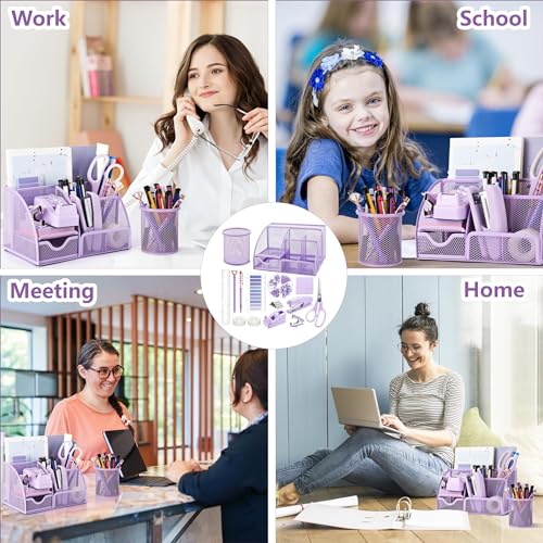 Fayoo 15 Pcs Purple Office Supplies Set Mesh Desk Organizer Accessories Kit - color: Purple
