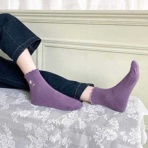 zrylibya Women Ruffle Frilly Floral Embroidery Scallop Ankle Socks 5 Pairs - color: Multicolor B