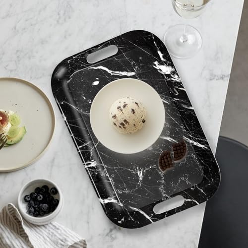 Serving Trays with Handles, 14.5 x 9.8 inch Rectangular Plastic Tray for Restaurant, Kitchen, Black Marble - color: Black Marble
