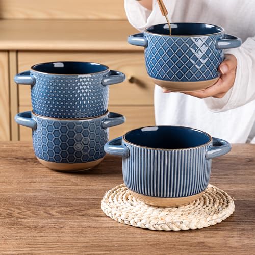 GBhome 22 Ounces Soup Bowls with Large Handles and Lids, Stoneware Bowls Set of 4 with Spoon for Soup, Cereal, Stew, Colourful Ceramic Kitchen Bowls, Microwave&Dishwasher Safe, Moonlight Blue - color: Moonlight Blue