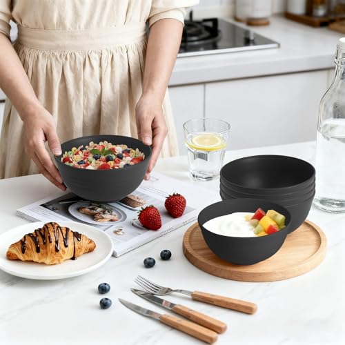 Wheat Straw Bowls Set of 6, Unbreakable Lightweight 26 OZ Cereal Bowls for Kitchen, Reusable Salad Bowl, Microwave & Dishwasher Safe Bowl Set, Black - color: Black, size: 26 OZ