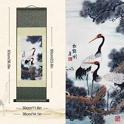 AtfArt White Crane Silk Scroll, Asian Wall Art, 36.2x12in - color: B2