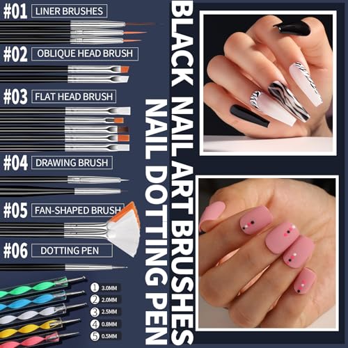 FANDAMEI Nail Art Brushes Set, Nail Art Kits, 3D Nail Charms Nail Design Tools Kit, Nail Set for Beginners ,Nail Dotting Tool, Nail Rhinestones,Chrome Nail Powder,Nail Stickers Nail Art Decoration Kit - color: Black