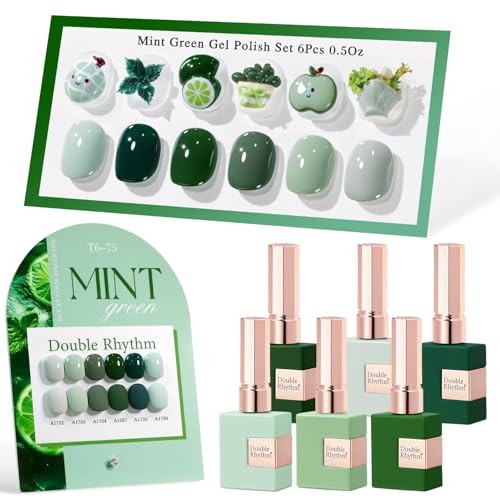 Double Rhythm 6 Pcs 15 ML Gel Polish Set Same Color Same Bottle Soak Off Gel Polish Kit Nail Art Manicure Salon DIY at Home for Women (Dark Mint Frost Sage Green Gray-T6-75) - color: Mint Green