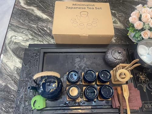 Gift Set Japanese Tea Set, Asian Black Glazed Ceramic Tea Set - Contains 1 Teapot, 1 Tea Strainer and 6 Teacups. Ideal for Home, Outdoor, Office (Blue1) - color: Blue1