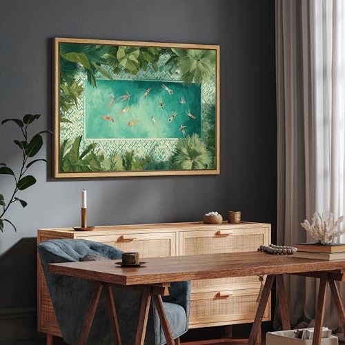 SIGNFORD Framed Canvas Print Wall Art Tropical Aerial Pool Scene Modern Summer Vacation Illustrations Modern Art Decorative Boho Relax/Zen for Living Room, Bedroom, Office - 24x36 Natural - color: B08-2508-M22, size: 36"L x 24"W