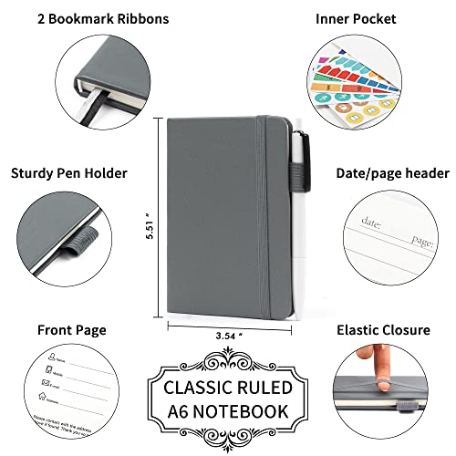feela 3 Pack Pocket Notebook Journals with 3 Black Pens, A6 Mini Cute Small Journal Notebook Bulk Hardcover College Ruled Notepad with Pen Holder for Office School Supplies, 3.5”x 5.5”, Gray - color: A6 3 Gray