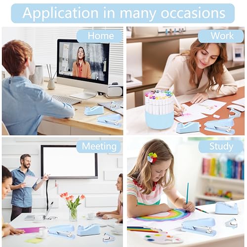 Dimonluce Blue Desk Accessories, Blue Office Supplies Accessories with Tape Dispenser, Stapler, Staple Remover, 1000 Staples, Tape, Clips Set, Ruler, Scissor, Pen - color: Blue