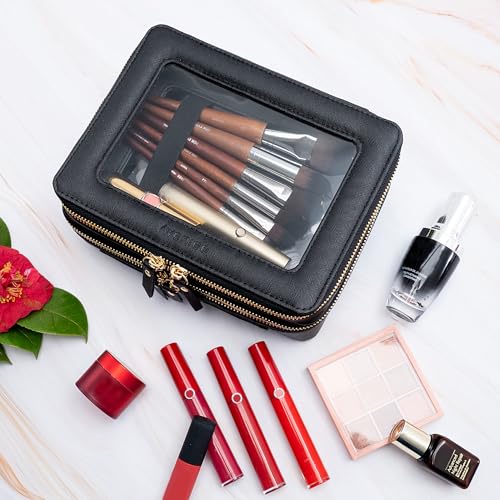 Aveniee Clear Makeup Bags,Double Layer Cosmetic Bags with Separate Brush Compartment,Large Travel Toiletry Bag Cosmetic Case,Travel Accessories Organizer for Women,2 Layers,Black - color: Black, style: Dual Layer