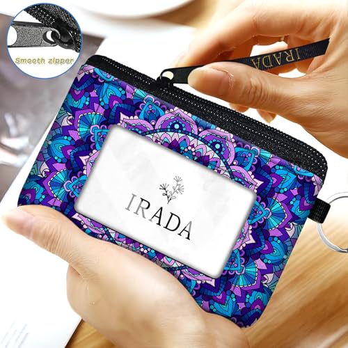 IRADA ID Case Wallet Keychain with Clear ID Window Zipper Cute Coin Purse for Women Water Resistant Small Coin Pouch-Purple Mandala Flower Keychain Wallet - color: Mandala Flower-Purple-Keychain Wallet