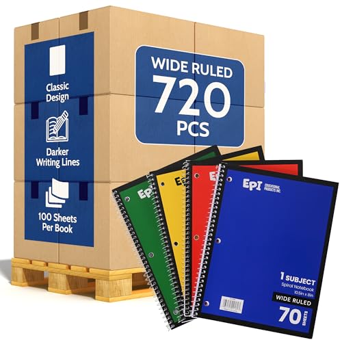 720 Pack (Pallet) Bulk EPI Spiral Notebooks – Wide Ruled, 70 Sheets, Durable Spiral Binding – Assorted – 10.5 x 8in – Bulk School Supplies, Heavy Duty for Journaling, Office or Classroom Notes - color: Assorted, size: 720