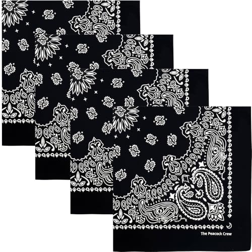 The Peacock Crew Premium Soft Cotton Bandanas Pack for Men and Women Paisley 22 x 22 inches - color: Pack of 4 Black White
