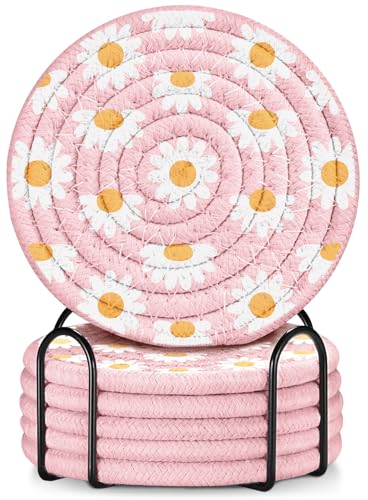 Absorbent Cup Coasters Set of 6 with Holder, Daisy - color: Daisy