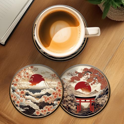 ANATTASOUL Japanese Pattern Wooden Coasters Set of 9 Bulk(3.9") - style: Japanese Pattern