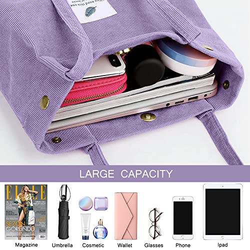 Ayieyill Corduroy Tote Bag for Women Canvas Shoulder Cord Purse with Inner Pocket - color: Purple Grey