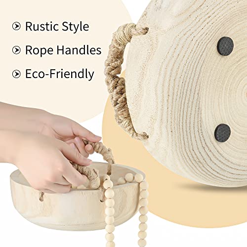 Paulownia Wood Bowl Rustic Wooden Dough Decorative Round Serving Key Bowl with Rope Handle and Wood Bead Garland for Christmas Tabletop Centerpiece Home Decor 9.5 inches