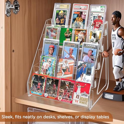 tutata Trading Card Display Stand, PSA Card Display Acrylic Shelf, Vertical Holder for Baseball Cards, Easy Clip-On Design 5-Tier
