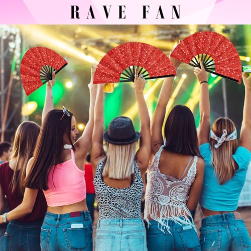 Maitys 2 Pack Foldable Fans for Rave Dancing,Red,Glitter Pattern - color: Red, style: Glitter Pattern