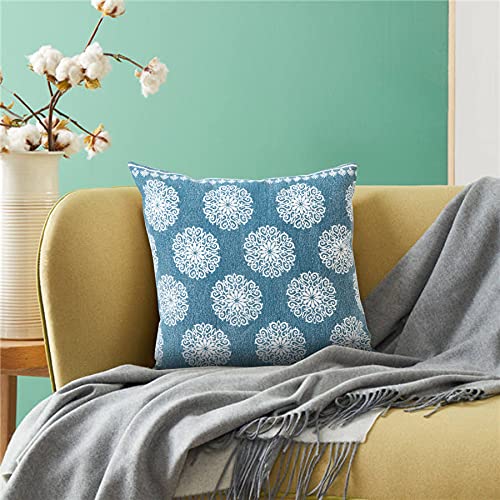 20x20 Inches Floral Cotton Throw Pillow Covers for Home Decor | Traditional Boho Cushion Covers for Throw Pillows | Perfect for Living Room Couch & Bedroom Decorations | Teal/White - color: Teal/White
