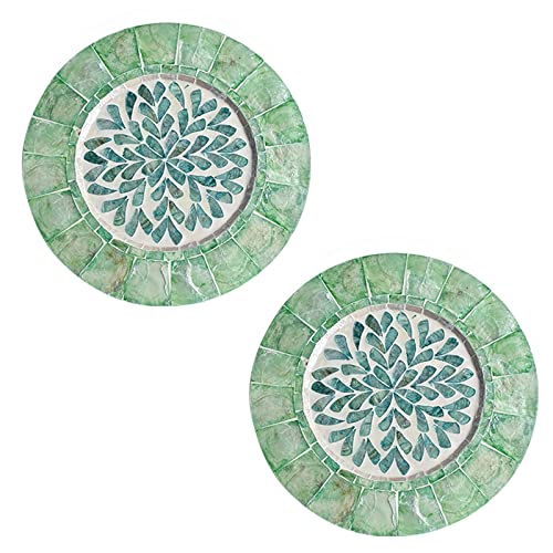 i-lan 2Pack 13" Mother of Pearl Decorative Charger Plates Display,Sea Shell Inlay Wood Charger Plates for Dining, Party,Diner Table Modern Decorative Placemats for Home Decor,Blue-green Leaf - style: Style 4