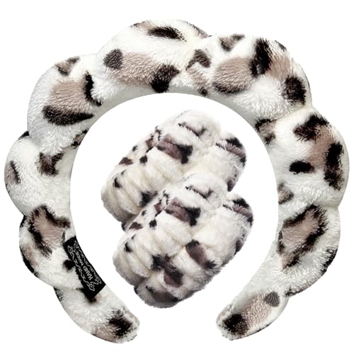 Tetizo Spa Headbands for Washing Face Wristband Set Sponge Makeup Skincare Headband Wrist Towels Bubble Soft Terry Towel Cloth Hairband for Women Puffy Headwear Non Slip Thick Thin Hair Headwear - color: Leopard White