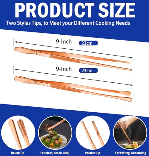 JETKONG 2 Pcs 9-Inch Kitchen Tweezers Cooking Tweezer Tongs Stainless Steel Food Tweezers (Rose Gold) - color: Rose Gold, size: 9+9 Inch