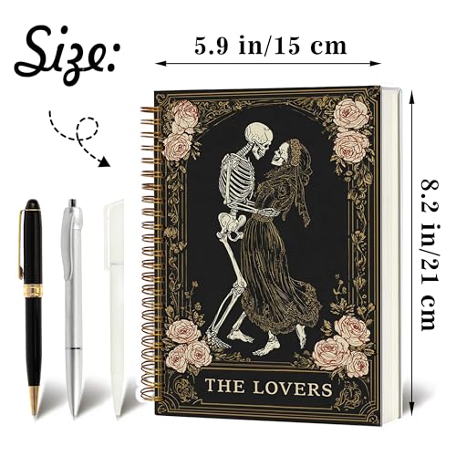 The Lovers Tarot Notebook Journal for Women - A5 Spiral Notebook with Dark Mystic Spells Skull Design, Vintage Witchy Journal, Lined Paper, Gothic Office & School Supplies, Unique Gifts for Women Birthday Graduation Christmas(Black-Skull) - color: Black-S