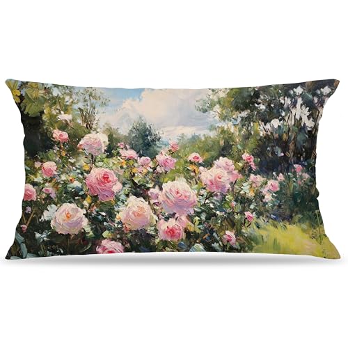 Vintage Rose Garden Nature Scene Pillow Cover 12x20 Double-Sided, Cottagecore Pink Flower Decorative Lumbar Throw Pillow Cover for Home Bedroom Living Room - color: A-rose-13, size: 20" x 12" (Pack of 1)