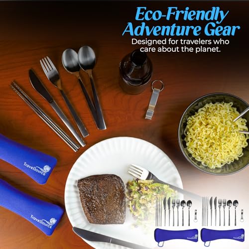 Camping Travel Utensils with Case - 4 Sets DURABLE Fork, Spoon, Knife Silverware - Reusable Portable Hiking Camping Lunch Cutlery & Chopsticks - Family Mess Kit - Stainless Steel
