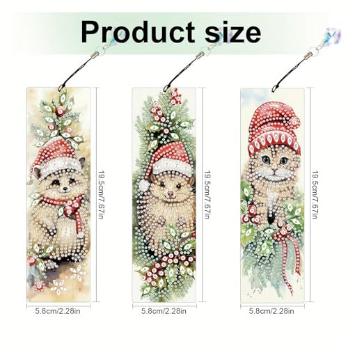 Tontut 3 Piece Bookmark Diamond Art Painting Kit, Christmas Cat DIY Diamond Handmade Art Bookmarks for Book Lovers, Can be a Gift for Friends - color: Santa Kitty