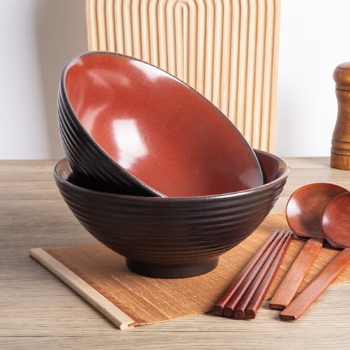 40oz Japanese Ceramic Ramen Bowl Set of 2 with Chopsticks and Spoons for Pho Udon Asian Soup Noodles (Red) - color: Red