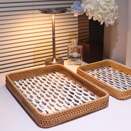 2 Pcs Rattan Mother of Pearl Serving Tray, Wicker Woven Coffee Table Tray - color: Black Fish