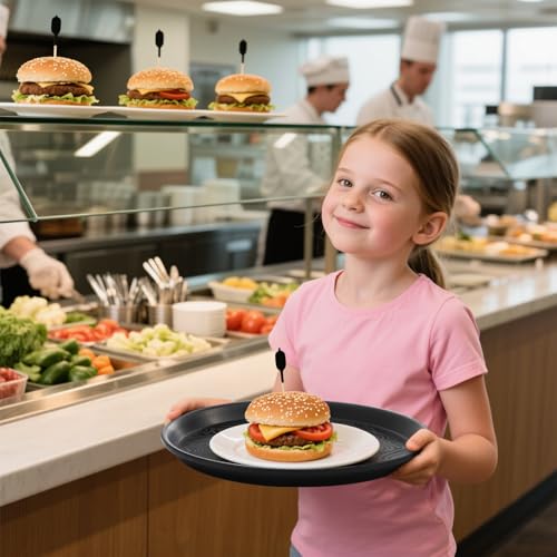 Hacaroa 4 Pack Round Restaurant Serving Trays, 11.5 Inch Plastic Food Service Trays Non-Skid Food Platter for Cafeteria, Bar, Coffee Shop, Hotel, Tailed Lines, Black