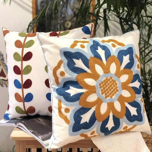 Boho Embroidery Cushion Covers 18x18 Set of 2- Floral Cotton Throw Pillow Covers for Farmhouse Decor, Decorative Outdoor Throw Pillows for Couch Sofa Livingroom Yellow & Orange - color: Sunflower and Leaf