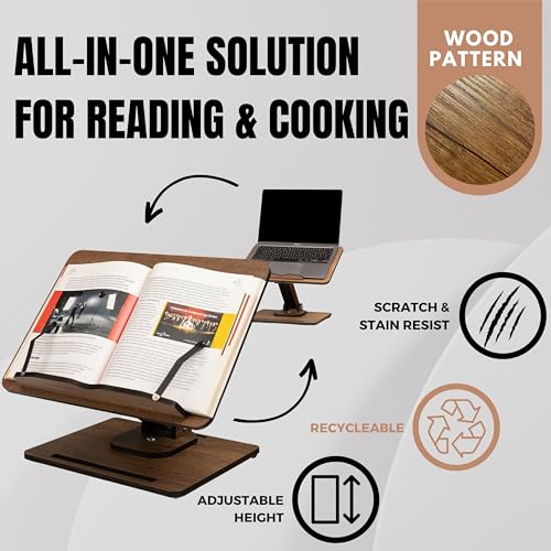 Vigo Wood 360° Rotating Book Stand, Tilt and Height Adjustable Laptop and Cookbook Holder, Foldable Reading Desk (Walnut)
