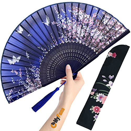 Hand Fan for Women Foldable - Folding Chinese Japanese Vintage Bamboo Silk Fan - Ideal for Hot Flashes, Church, EDM, Festivals, Dancing and Gifts (Sakura-Blue) - color: Sakura-blue