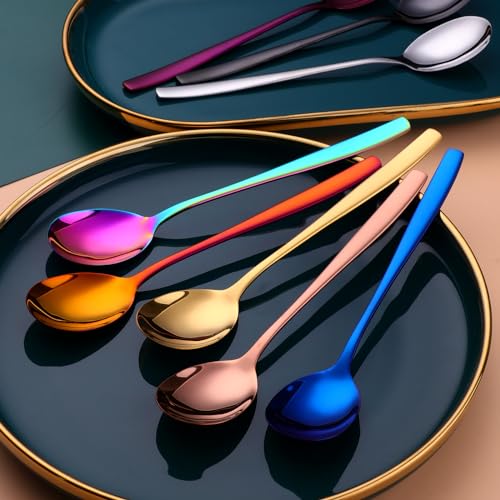 Metal Round Spoons, 8 inch Stainless Steel Reusable Long Handle Korean Soup Spoons, Table Dinner Desert Spoon Set of 8 - size: Silver