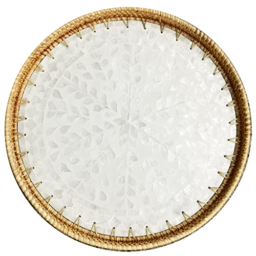 i-lan 16" Rattan & Mother of Pearl Serving Tray with 1.2" Raised Sides - Round Luminous White Shell Platter - Chic Boho Display for Breakfast in Bed, Nurseries & Coastal Interiors - color: White
