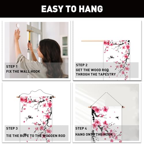PLIGREAT 2 Pack Cherry Blossoms Wall Hanging Ink Painting Tapestry with Tassel Vertical Long Narrow Aesthetic Wall Tapestry for Bedroom Living Room Bathroom Home Office Decor - color: black,pink