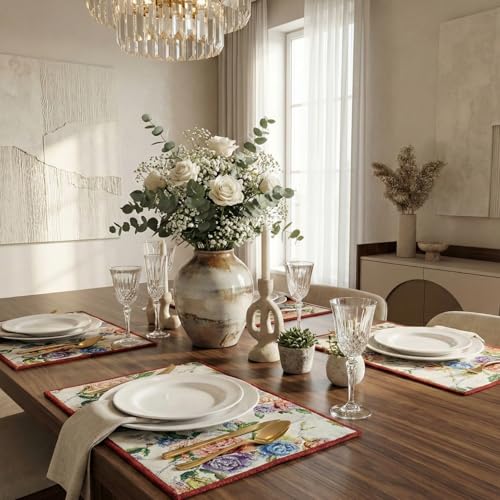 DaDa Bedding Vintage Romantic Roses Floral Dining Table Placemats - Set of 4-Pieces Tapestry Lovely Valentine Blossoms Spring Summer Garden - Decorative Linen Woven Kitchen Mats - 13” x 19” (879) - color: Romantic Roses