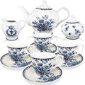 Brew To A Tea Blue Dream Tea Set, 48oz Teapot, 8oz Tea Cups, Saucers, Sugar Bowl, Creamer, Porcelain, Blue