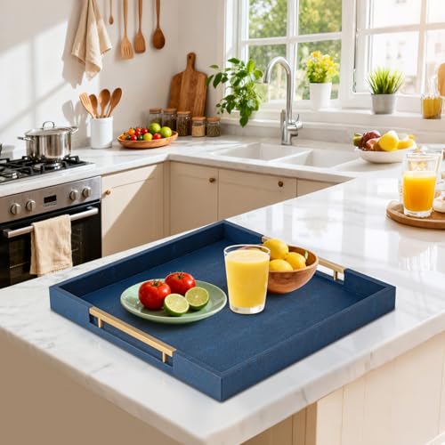 Navy Blue Faux Leather Large Square Decorative Serving Tray with Handles – for Coffee Table, Ottoman, Living Room, Bathroom & Home Decor - color: Blue, size: 20" x 20" x 2"