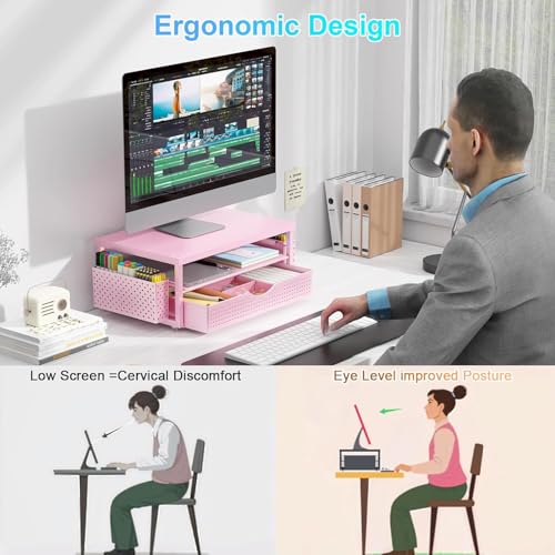 gianotter Monitor Stand with Drawer and 2 Pen Holders (Matte Pink) - color: Matte Pink