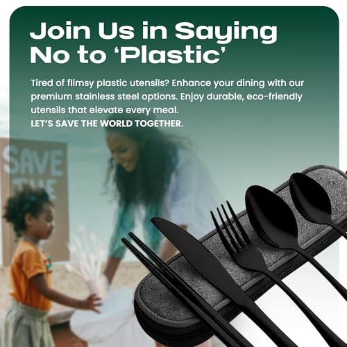 Travel Utensils With Case, 5 Pcs portable silverware set (Black) - color: Black, size: 5 Pieces