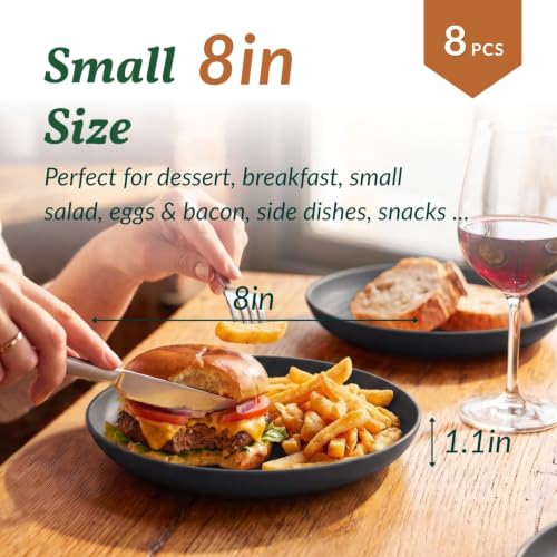 Homienly Wheat Straw Plates Unbreakable Deep Dessert Plates Set of 8 Plastic Plates Reusable Microwave Safe Plate for Kitchen Camping Party Dishwasher Safe Stackable Appetizer Plates (8in, Black) - color: Black, size: 8 Inch