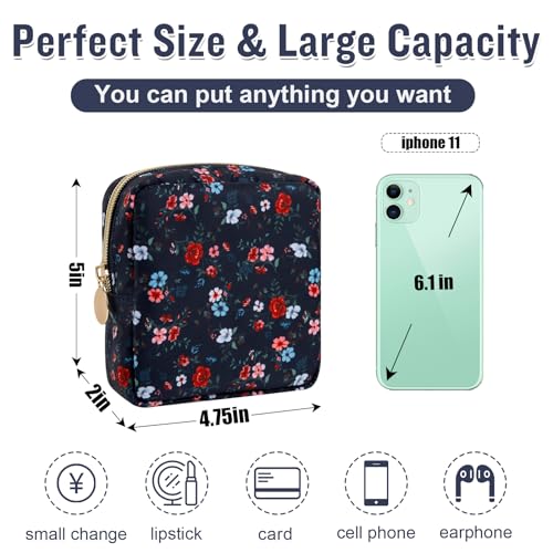 Nylon Mini Floral Makeup Bag for Purse, Small Cute Makeup Bag Preppy Cosmetic Zipper Pouch Purse, Waterproof Travel Coin Pouch Sanitary Napkin Storage Bag Makeup Organizer for Women(Navy Blue-Flower) - color: Navy Blue-Flower, size: Mini