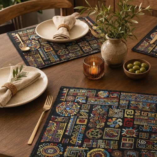 DaDa Bedding Bohemian Ethnic Ornaments Tapestry Placemats - Set of 4-Pieces Greek Ethnic Calligraphy Geometric Colorful Dark Black Design - Decorative Cotton Woven Kitchen Dining Mats - 13” x 19” - color: Ethnic Ornaments