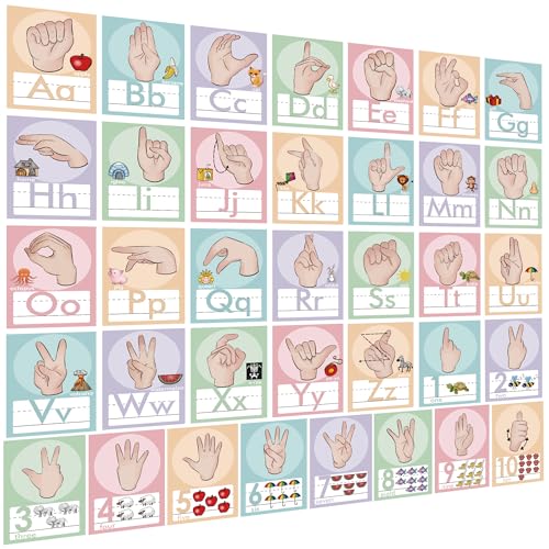 YIYDONG 36 Pieces ASL Alphabet Line Bulletin Board Set ABC Number Sign Language Flash Cards Wall Decorations for Pre-School Kindergarten Elementary Classroom Nursery Homeschool (Soft Tones) - color: Soft Tones