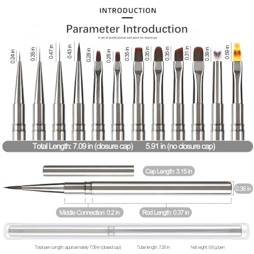 12Pcs Metal Nail Art Brush Set, Professional Nail Brush Acrylic Manicure Brushes Pen with Liner Flat Round French Detail Ombre Brushes for Gel Polish, 3D Design, Clean Up Tools - color: Professional Nail Brush Set-12pcs
