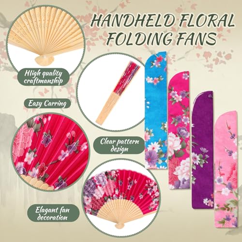 Zonon 4 Pack Hand Held Folding Fans for Women Silk,Vintage Floral - style: Vintage Floral
